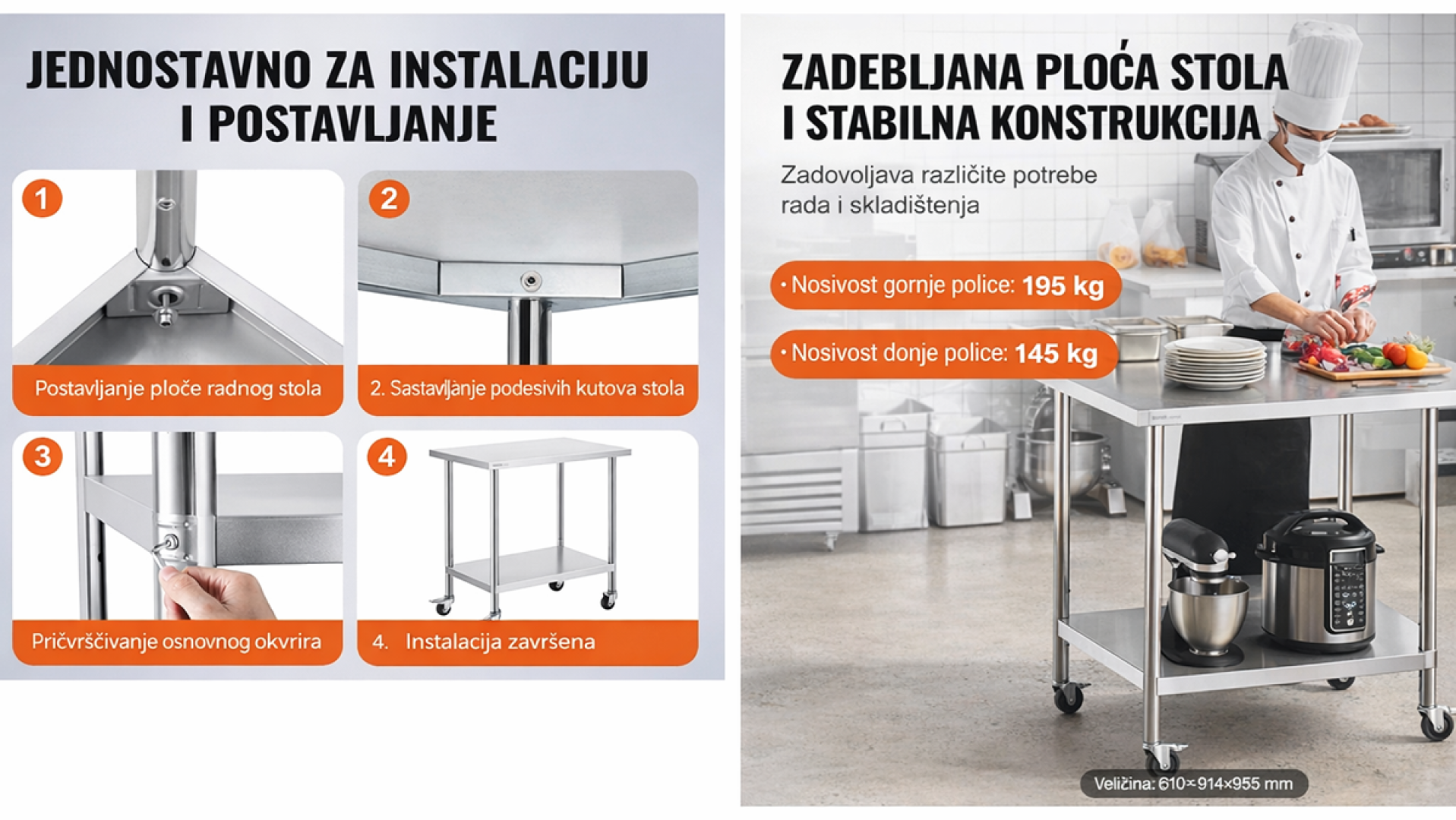 Inox radni stol 610x914x955 mm